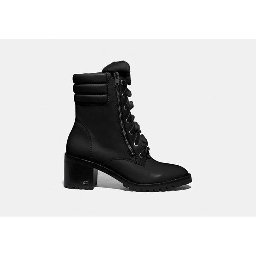 Coach Boots Womens 6 Black Leather Faux Fur Jenna Combat‎ Block Heel